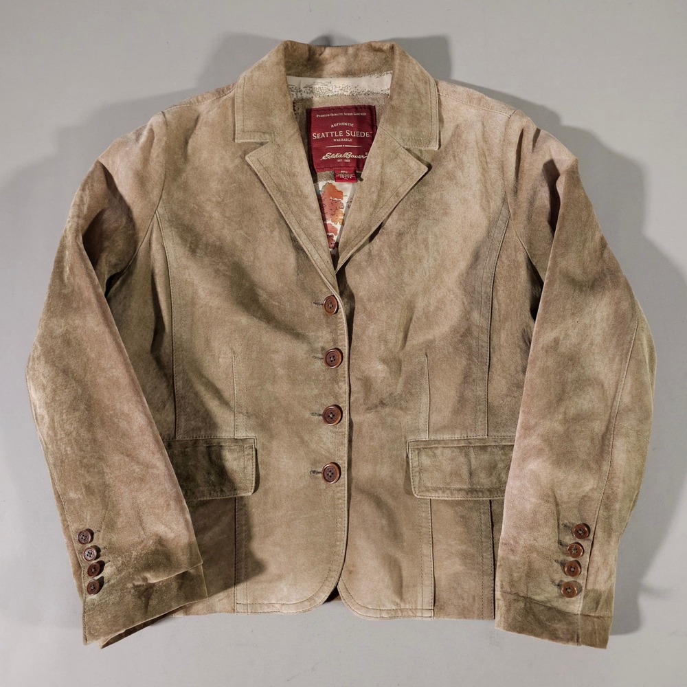 Eddie Bauer Blazer Jacket Women Petite XL Tan Seattle Suede Washable Leather